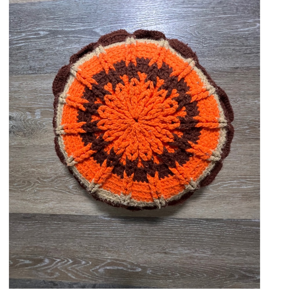Handmade Crochet Throw Pillow Unisex OS Orange Brown Sunburst Boho Round Accent